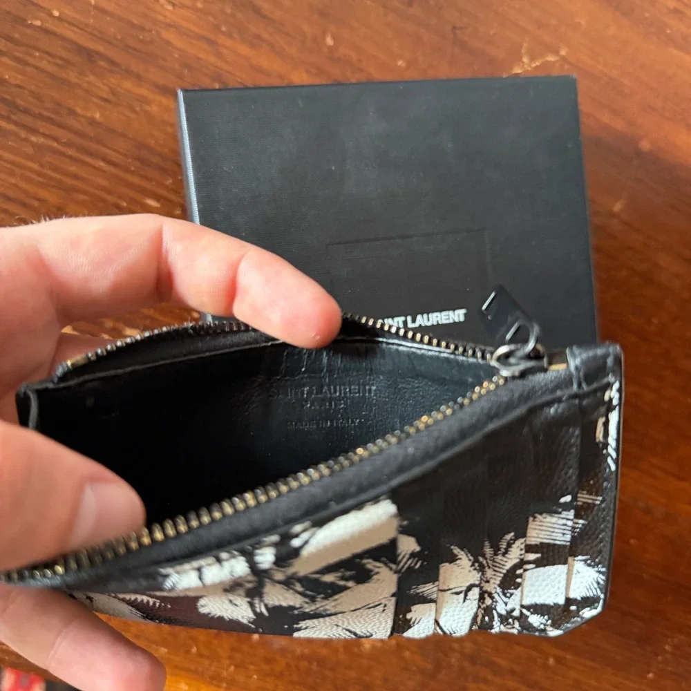 Saint Laurent Palm Tree Print Leather Card Case Wallet Black White Zipped